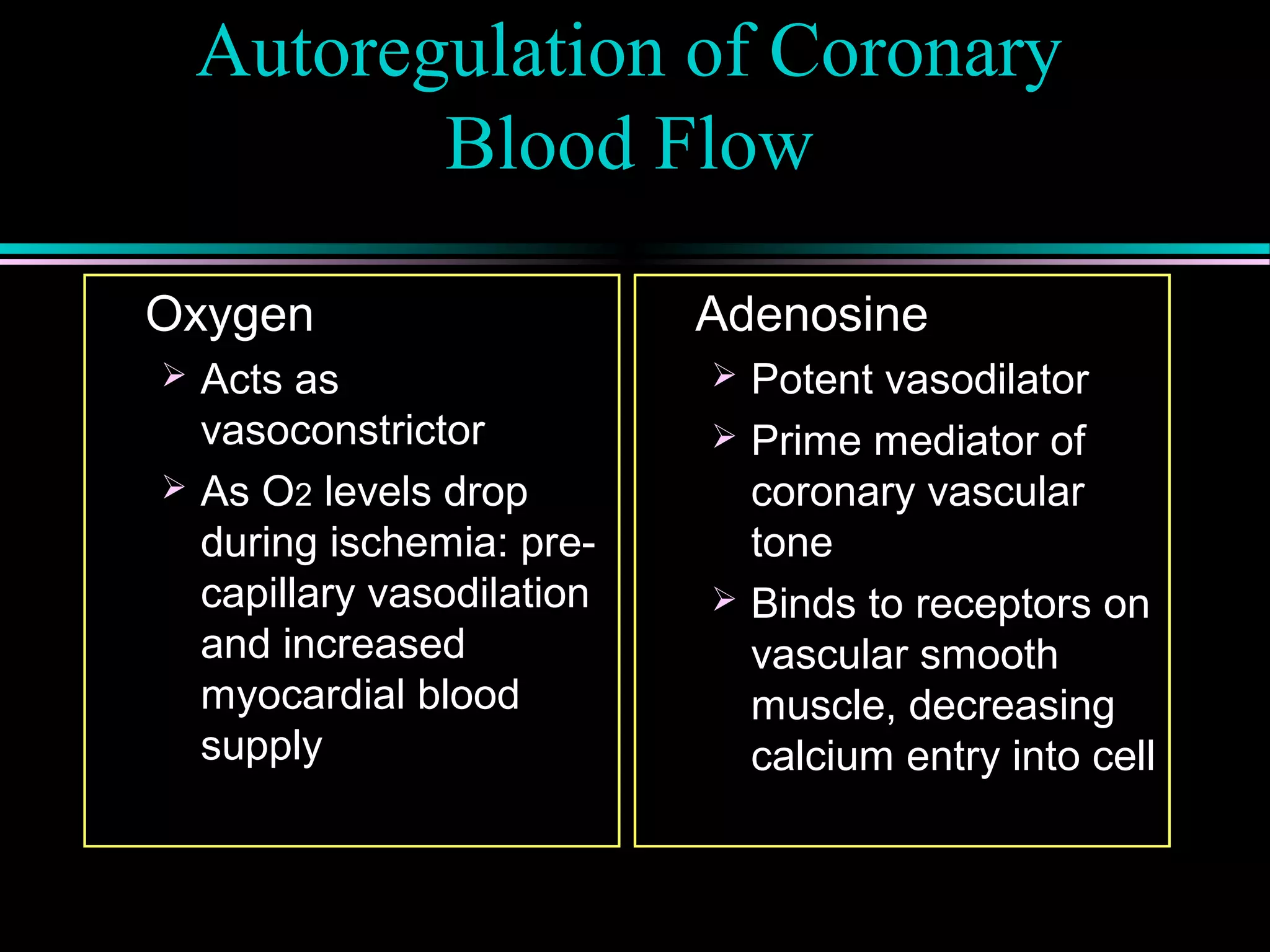 Autoregulation of Coronary
Blood Flow
Oxygen
 Acts as
vasoconstrictor
 As O2 levels drop
during ischemia: pre-
capillary vasodilation
and increased
myocardial blood
supply
Adenosine
 Potent vasodilator
 Prime mediator of
coronary vascular
tone
 Binds to receptors on
vascular smooth
muscle, decreasing
calcium entry into cell
 
