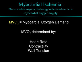 Myocardial Ischemia:
Occurs when myocardial oxygen demand exceeds
myocardial oxygen supply
MVO2 = Myocardial Oxygen Demand
MVO2 determined by:
Heart Rate
Contractility
Wall Tension
 