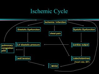 Ischemic Cycle
Ischemia / infarction
chest pain
Diastolic Dysfunction Systolic Dysfunction
cardiac output
catecholamines
MVO2
wall tension
LV diastolic pressurepulmonary
congestion
pO2
(heart rate, BP)
 