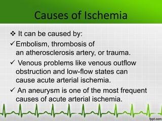 Causes of Ischemia
 It can be caused by:
Embolism, thrombosis of
an atherosclerosis artery, or trauma.
 Venous problems like venous outflow
obstruction and low-flow states can
cause acute arterial ischemia.
 An aneurysm is one of the most frequent
causes of acute arterial ischemia.
 