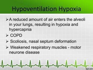 Hypoventilation Hypoxia
A reduced amount of air enters the alveoli
in your lungs, resulting in hypoxia and
hypercapnia
 COPD
 Scoliosis, nasal septum deformation
 Weakened respiratory muscles - motor
neurone disease
 