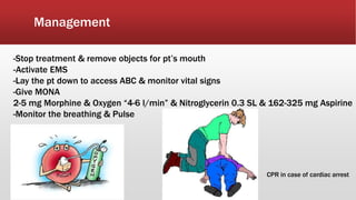 Management
-Stop treatment & remove objects for pt’s mouth
-Activate EMS
-Lay the pt down to access ABC & monitor vital signs
-Give MONA
2-5 mg Morphine & Oxygen “4-6 l/min” & Nitroglycerin 0.3 SL & 162-325 mg Aspirine
-Monitor the breathing & Pulse
CPR in case of cardiac arrest
 