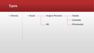 Types
▪ Chronic ▪ Acute Angina Pectoris Stable
Unstable
MI Prinzmetal
 
