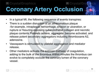 Coronary Artery Occlusion
• In a typical MI, the following sequence of events transpires:
• There is a sudden disruption of an atheromatous plaque
-for example, intraplaque hemorrhage, erosion or ulceration, or
rupture or fissuring-exposing subendothelial collagen and necrotic
plaque contents.Platelets adhere, aggregate, become activated, and
release potent secondary aggregators including thromboxane A2,
adenosine.
• Vasospasm is stimulated by platelet aggregation and mediator
release.
• Other mediators activate the extrinsic pathway of coagulation,
adding to the bulk of the thrombus.Within minutes the thrombus can
evolve to completely occlude the coronary lumen of the coronary
vessel.
11

 