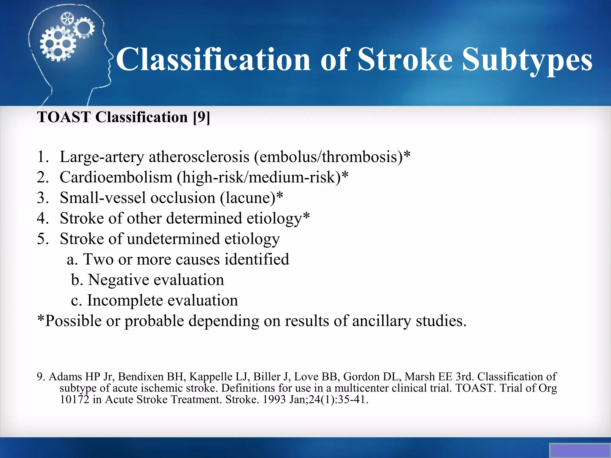 Classification of Stroke Subtypes
TOAST Classification [9]

1. Large-artery atherosclerosis (embolus/thrombosis)*
2. Cardioembolism (high-risk/medium-risk)*
3. Small-vessel occlusion (lacune)*
4. Stroke of other determined etiology*
5. Stroke of undetermined etiology
    a. Two or more causes identified
     b. Negative evaluation
     c. Incomplete evaluation
*Possible or probable depending on results of ancillary studies.


9. Adams HP Jr, Bendixen BH, Kappelle LJ, Biller J, Love BB, Gordon DL, Marsh EE 3rd. Classification of
    subtype of acute ischemic stroke. Definitions for use in a multicenter clinical trial. TOAST. Trial of Org
    10172 in Acute Stroke Treatment. Stroke. 1993 Jan;24(1):35-41.
 