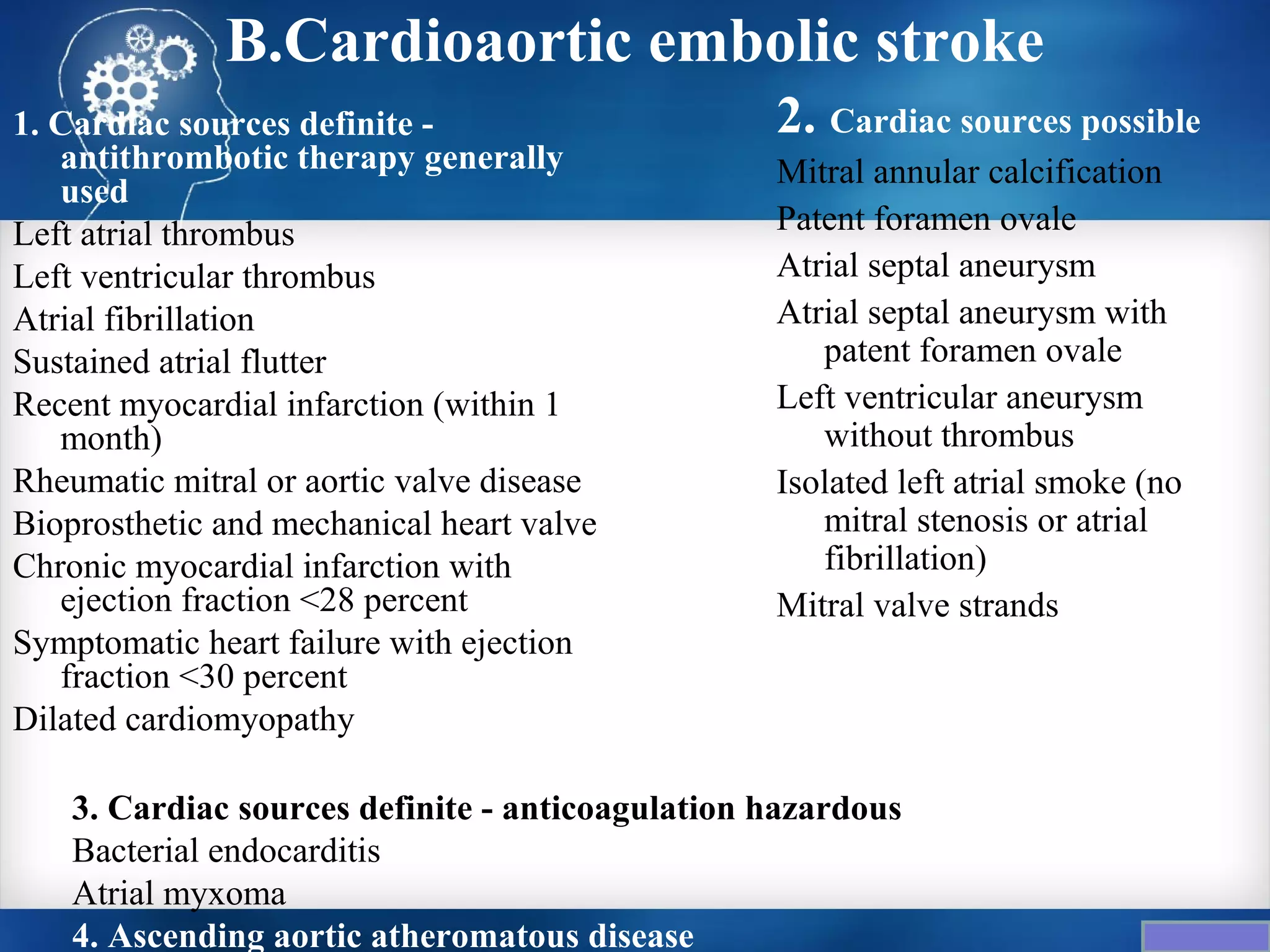 B.Cardioaortic embolic stroke
1. Cardiac sources definite -                     2. Cardiac sources possible
   antithrombotic therapy generally               Mitral annular calcification
   used
Left atrial thrombus                              Patent foramen ovale
Left ventricular thrombus                         Atrial septal aneurysm
Atrial fibrillation                               Atrial septal aneurysm with
Sustained atrial flutter                             patent foramen ovale
Recent myocardial infarction (within 1            Left ventricular aneurysm
   month)                                            without thrombus
Rheumatic mitral or aortic valve disease          Isolated left atrial smoke (no
Bioprosthetic and mechanical heart valve             mitral stenosis or atrial
Chronic myocardial infarction with                   fibrillation)
   ejection fraction <28 percent                  Mitral valve strands
Symptomatic heart failure with ejection
   fraction <30 percent
Dilated cardiomyopathy

    3. Cardiac sources definite - anticoagulation hazardous
    Bacterial endocarditis
    Atrial myxoma
    4. Ascending aortic atheromatous disease
 