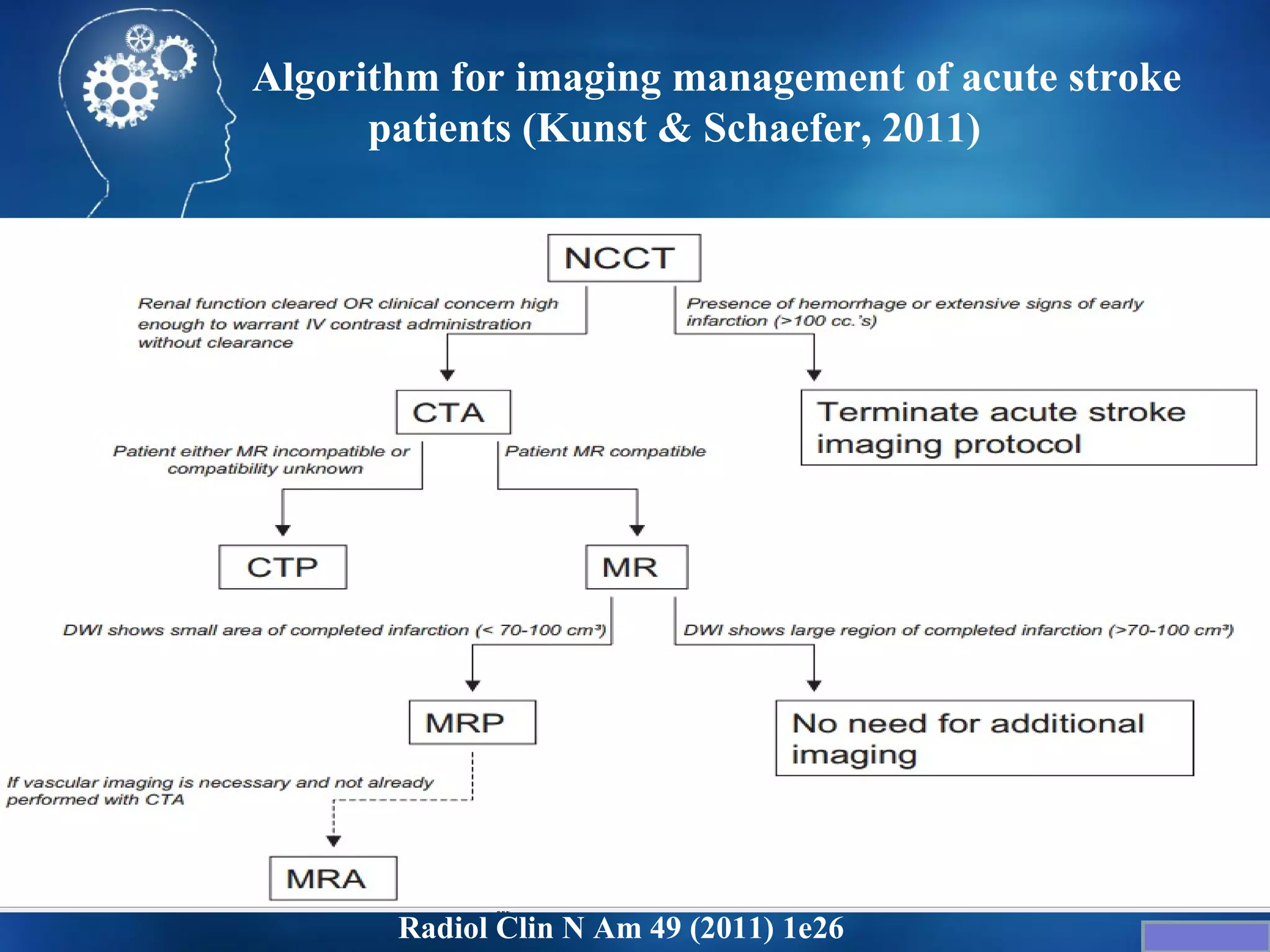 Algorithm for imaging management of acute stroke
      patients (Kunst & Schaefer, 2011)




       Radiol Clin N Am 49 (2011) 1e26
 
