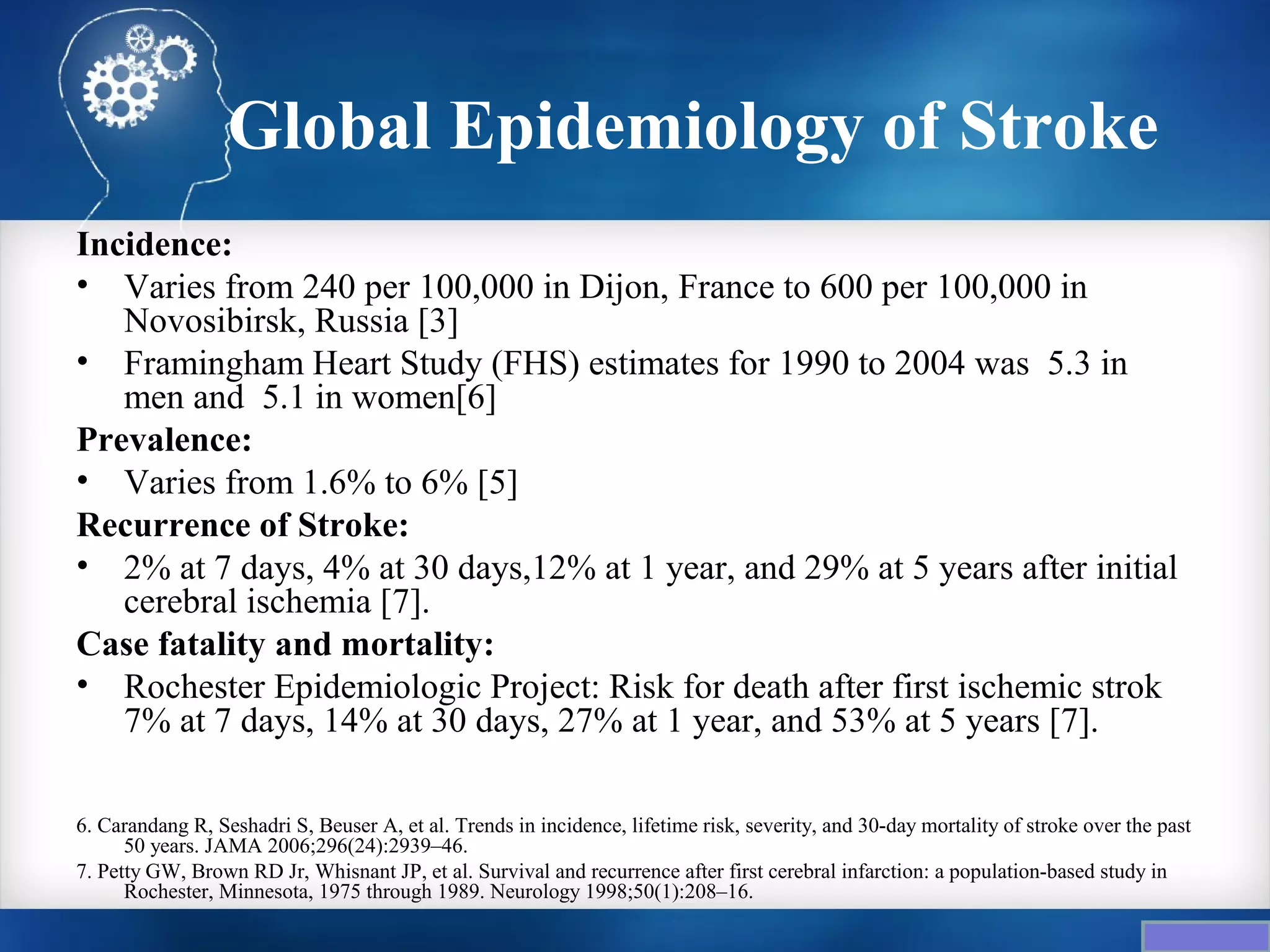 Global Epidemiology of Stroke
Incidence:
• Varies from 240 per 100,000 in Dijon, France to 600 per 100,000 in
   Novosibirsk, Russia [3]
• Framingham Heart Study (FHS) estimates for 1990 to 2004 was 5.3 in
   men and 5.1 in women[6]
Prevalence:
• Varies from 1.6% to 6% [5]
Recurrence of Stroke:
• 2% at 7 days, 4% at 30 days,12% at 1 year, and 29% at 5 years after initial
   cerebral ischemia [7].
Case fatality and mortality:
• Rochester Epidemiologic Project: Risk for death after first ischemic strok
   7% at 7 days, 14% at 30 days, 27% at 1 year, and 53% at 5 years [7].

6. Carandang R, Seshadri S, Beuser A, et al. Trends in incidence, lifetime risk, severity, and 30-day mortality of stroke over the past
      50 years. JAMA 2006;296(24):2939–46.
7. Petty GW, Brown RD Jr, Whisnant JP, et al. Survival and recurrence after first cerebral infarction: a population-based study in
      Rochester, Minnesota, 1975 through 1989. Neurology 1998;50(1):208–16.
 