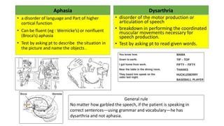 Aphasia
• a disorder of language and Part of higher
cortical function
• Can be fluent (eg : Wernicke’s) or nonfluent
(Broca’s) aphasia
• Test by asking pt to describe the situation in
the picture and name the objects .
Dysarthria
• disorder of the motor production or
articulation of speech
• breakdown in performing the coordinated
muscular movements necessary for
speech production.
• Test by asking pt to read given words.
General rule
No matter how garbled the speech, if the patient is speaking in
correct sentences—using grammar and vocabulary—he has
dysarthria and not aphasia.
 