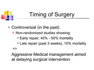 Timing of Surgery
Controversial (in the past)
Non-randomized studies showing:
Early repair, 40% - 50% mortality
Late repair (past 3 weeks), 10% mortality
=>
Aggressive Medical management aimed
at delaying surgical intervention
 