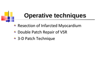 Operative techniques
Resection of Infarcted Myocardium
Double Patch Repair of VSR
3-D Patch Technique
 