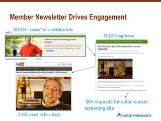 Member Newsletter Drives Engagement
50+ requests for colon cancer
screening kits
4,500 views in four days
15,000 blog views
267,000 “opens” of emailed article
 