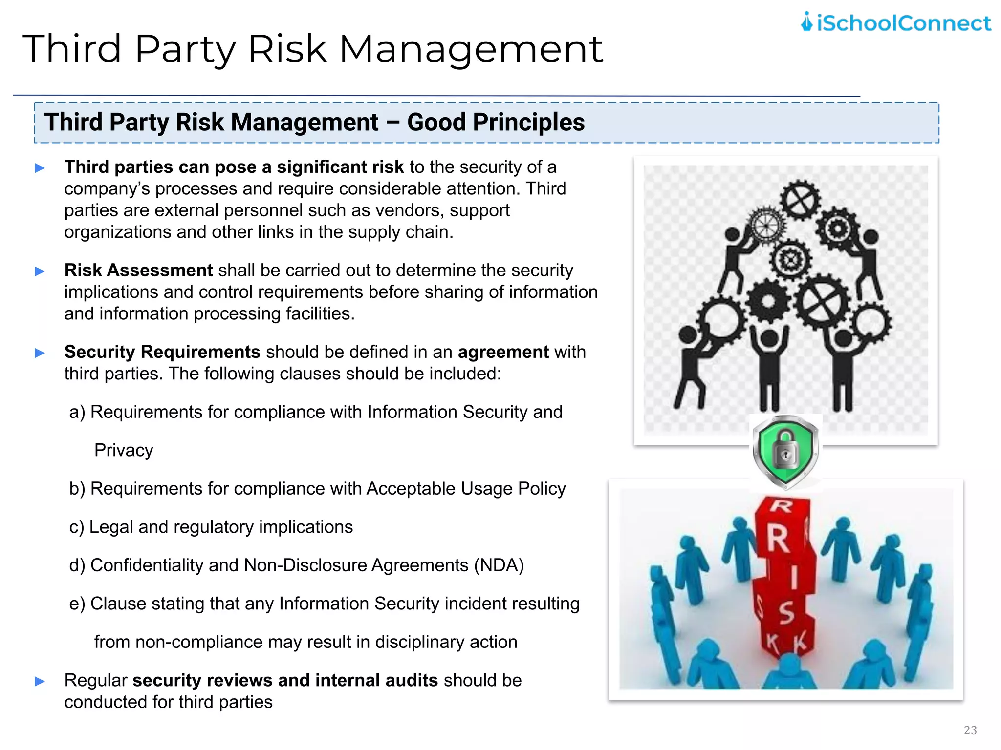 Third Party Risk Management
23
Third Party Risk Management – Good Principles
► Third parties can pose a significant risk to the security of a
company’s processes and require considerable attention. Third
parties are external personnel such as vendors, support
organizations and other links in the supply chain.
► Risk Assessment shall be carried out to determine the security
implications and control requirements before sharing of information
and information processing facilities.
► Security Requirements should be defined in an agreement with
third parties. The following clauses should be included:
a) Requirements for compliance with Information Security and
Privacy
b) Requirements for compliance with Acceptable Usage Policy
c) Legal and regulatory implications
d) Confidentiality and Non-Disclosure Agreements (NDA)
e) Clause stating that any Information Security incident resulting
from non-compliance may result in disciplinary action
► Regular security reviews and internal audits should be
conducted for third parties
 