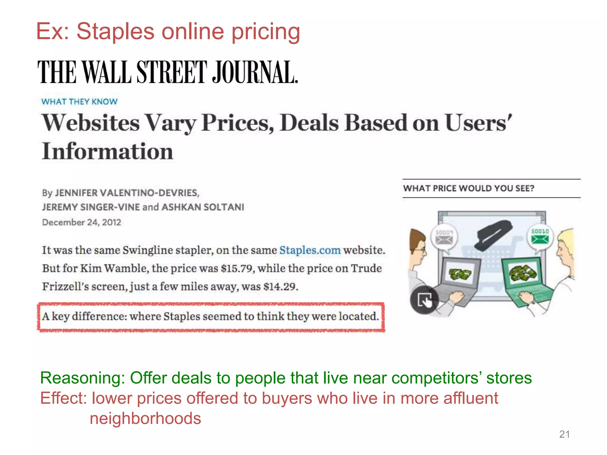 21
Ex: Staples online pricing
Reasoning: Offer deals to people that live near competitors’ stores
Effect: lower prices offered to buyers who live in more affluent
neighborhoods
 