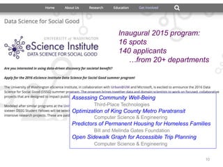 10
Assessing Community Well-Being
Third-Place Technologies
Optimization of King County Metro Paratransit
Computer Science & Engineering
Predictors of Permanent Housing for Homeless Families
Bill and Melinda Gates Foundation
Open Sidewalk Graph for Accessible Trip Planning
Computer Science & Engineering
Inaugural 2015 program:
16 spots
140 applicants
…from 20+ departments
 
