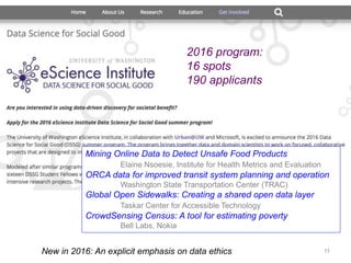 11
Mining Online Data to Detect Unsafe Food Products
Elaine Nsoesie, Institute for Health Metrics and Evaluation
ORCA data for improved transit system planning and operation
Washington State Transportation Center (TRAC)
Global Open Sidewalks: Creating a shared open data layer
Taskar Center for Accessible Technology
CrowdSensing Census: A tool for estimating poverty
Bell Labs, Nokia
2016 program:
16 spots
190 applicants
New in 2016: An explicit emphasis on data ethics
 