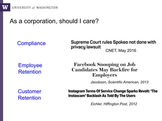 As a corporation, should I care?
Compliance
Jacobson, Scientific American, 2013
Customer
Retention
Employee
Retention
Eichler, Hiffington Post, 2012
CNET, May 2016
 