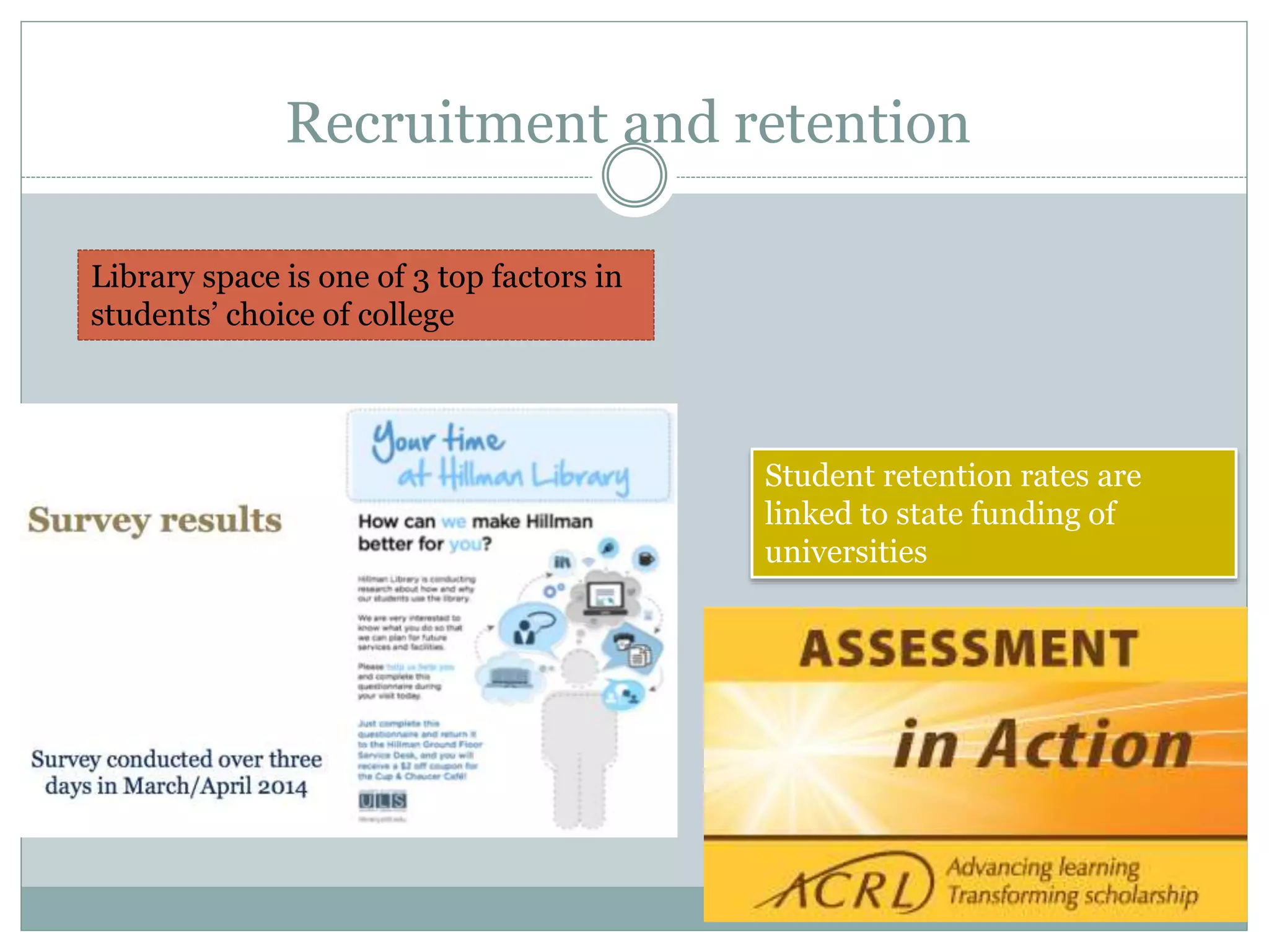 Recruitment and retention
Library space is one of 3 top factors in
students’ choice of college
Student retention rates are
linked to state funding of
universities
 