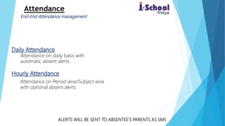 Attendance
Daily Attendance
Hourly Attendance
ALERTS WILL BE SENT TO ABSENTEE'S PARENTS AS SMS
End-End Attendance management
Attendance on daily basis with
automatic absent alerts
Attendance on Period wise/Subject wise
with optional absent alerts
 