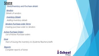 Store
Vendors
Inventory Details
Vendors Purchase order Terms
Active Purchase Orders
Issue
Reports
List of Active Purchase orders
Adding Inventory details
Creating purchase order to Vendors
Details of vendors
Track of issuing the inventory to Students/Teachers/staffs
Complete reports of stores
Stock/Inventory and Purchase details
 