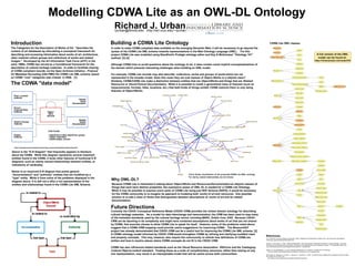 Modelling CDWA Lite as an OWL-DL Ontology
                                                                                   Richard J. Urban
                                                                                   rjurban@illinois.edu http://isrl.uiuc.edu/~rjurban


                                                                                 Building a CDWA Lite Ontology
Introduction                                                                                                                                                                                                             CDWA Lite OWL classes
The Categories for the Description of Works of Art quot;describes the                In order to make CDWA compliant data available on the emerging Semantic Web, it will be necessary to go beyond the
content of art databases by articulating a conceptual framework for              syntax of the CDWA Lite XML schema towards representations in the Web Ontology Language (OWL). For this
                                                                                                                                                                                                                                                                                                           A full version of the OWL
describing and accessing information about works of art, architecture,           project CDWA Lite was modelled using Standford's Protégé ontology editor and Noy & McGuiness' quot;Ontology 101quot;
                                                                                                                                                                                                                                                                                                            model can be found at:
other material culture groups and collections of works and related               method. [3] [4]
                                                                                                                                                                                                                                                                                                       http://richardurban.net/node/278
images.quot; Developed by the Art Information Task Force (AITF) in the
early 1990s, CDWA has served as a foundational framework for the                 Although CDWA tries to avoid questions about the ontology of art, it does contain some implicit conceptualizations of
description of cultural heritage materials. In order to facilitate sharing       the domain which presents interesting challenges when building an OWL model.
of CDWA compliant records via the Open Archives Initiative - Protocol
for Metadata Harvesting (OAI-PMH) the CDWA Lite XML schema, based                For example, CDWA Lite records may also describe collections, series and groups of works which are not
on CDWA quot;corequot; categories was created in 2006 . [1]                              represented in the broader model. Does this mean they are sub-classes of Object-Works or a disjoint class?
                                                                                 Similarly, CDWA/CDWA Lite make a distinction between entities that are Object/Works and things that are Related
The CDWA quot;data modelquot;                                                            Resources or Visual/Textual Documentation. While it is possible to create a generalized class of features (such as
                                                                                 measurements, formats, titles, locations, etc.) that both kinds of things exhibit, CDWA restricts them to only being
                                                                                 features of Object/Works.




  http://www.getty.edu/research/conducting_research/standards/cdwa/entity.html

Above is the quot;E-R Diagramquot; that frequently appears in literature
about the CDWA. While this diagram represents several important
entities found in the CDWA, it lacks other features of functional E-R
diagrams, such as clearly named relationships between entities, or
indications of cardinality.

Below is an improved E-R diagram that posits general
quot;documentationquot; and quot;authorityquot; entities that are modified by a                                                                                Touch Graph visualization of the proposed CDWA Lite OWL ontology.
                                                                                                                                                                                            .
                                                                                                                                               For clarity, named relationships are not shown
quot;typequot; entity. While it fixes some of the problems displayed in the
                                                                                 Why OWL-DL?
diagram above, it is still not a offer a full representation of the
                                                                                 Becasue CDWA Lite is interested in talking about Object/Works and Resources/Documentation as disjoint classes of
entities and relationships found in the CDWA Lite XML Schema.
                                                                                 things that each have distinct properties, the expressive power of OWL-DL is needed for a CDWA Lite Ontology.
                                                                                 While it may be possible to express some parts of CDWA Lite using just RDF Schema (RDFS), it would be necessary
                                                                                 for the CDWA community to re-imagine its approach to modeling both works of art and resrouces. One possible
                                                                                 solution is to add a class of Roles that distinguishes between descriptions of works of art and its related
                                                                                 documentation.

                                                                                 Future Directions
                                                                                 Currently the CIDOC Conceptual Reference Model (CIDOC-CRM) provides the richest domain ontology for describing
                                                                                 cultural heritage materials. As a model for data interchange and harmonization, the CRM has been used to map many
                                                                                 of the metadata standards used by the cultural heritage sector, including MARC, Dublin Core, EAD. Because CIDOC-
                                                                                 CRM can be daunting in its complexity and might have contained assumptions about works of art that are not shared
                                                                                 by CDWA, this exercise choose to allow CDWA Lite to speak for itself. However, some of the problems noted above
                                                                                 suggest that a CDWA-CRM mapping could provide useful suggestions for improving CDWA. The MuseumDAT
                                                                                 project has already demonstrated that CIDOC-CRM can be a useful tool for improving the CDWA Lite XML schema. [2]
                                                                                 A CDWA ontology model informed by CIDOC-CRM would strengthen CDWA by refining and clarifying muddled class
                                                                                                                                                                                                                   References
                                                                                 and property concepts. This may, however, also require the communnity to rethink how definitions of CDWA are                      [1] J. Paul Getty Trust and College Art Association. 2006. Categories for the Description of Works of Art. http://www.getty.edu/research/
                                                                                 written and how to resolve places where CDWA concepts do not fit in the CIDOC-CRM.                                                conducting_research/standards/cdwa/index.html

                                                                                                                                                                                                                   [2] Stein, R. and Coburn, E. 2008. CDWA and MuseumDAT: New Developments in Metadata Standards for Cultrural Heritage. The annual
                                                                                                                                                                                                                   conference of the International Documentation Committee of the International Council of Museums. Athens, 15-18 September 2008. http://
                                                                                 CDWA has also influenced related standards such as the Visual Resource Association VRACore and the Cataloging                     www.cidoc2008.gr/cidoc/Documents/papers/drfile.2008-06-17.0283568160


                                                                                 Cultural Objects content standard. Treating these as a suite of complimentary resources, rather than relying on any               [3] Noy, N.F. and McGuinness, D.L. 2001. Ontology Development 101: A Guide to Creating Your First Ontology
                                                                                                                                                                                                                       http://ksl.stanford.edu/people/dlm/papers/ontology101/ontology101-noy-mcguinness.html
                                                                                 one representation, may result in an interoperable model that will be useful across both communities.                             [4] Horridge, M., Knublauch, H, Rector, A., Stevens, R., and Wroe, C. 2004. A Practical Guide to Building OWL Ontologies Using the Protégé-
                                                                                                                                                                                                                   OWL Plugin and CO-ODE Tools.
                                                                                                                                                                                                                      http://www.co-ode.org/resources/ tutorials/ProtegeOWLTutorial.pdf
 