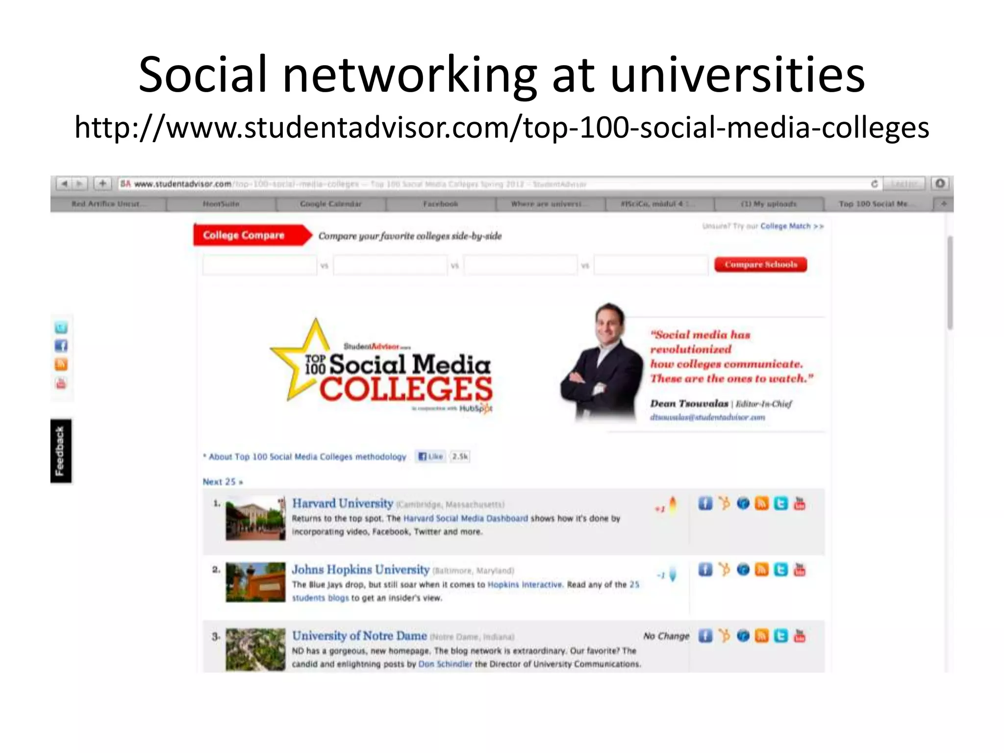 Social networking at universities
http://www.studentadvisor.com/top-100-social-media-colleges
 