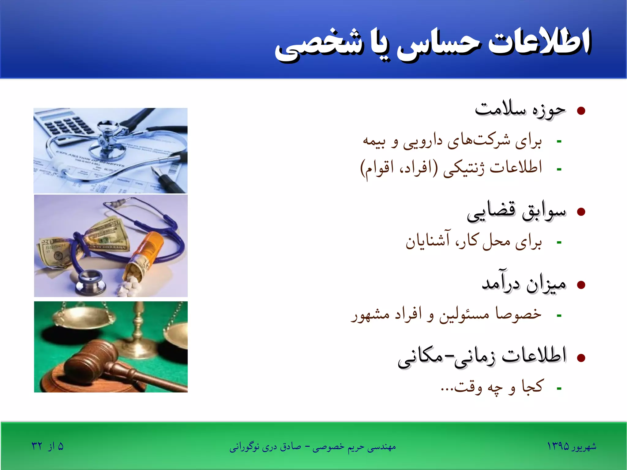 ۱۳۹۵ ‫شهریور‬‫نوگورانی‬ ‫دری‬ ‫صادق‬ - ‫خصوصی‬ ‫حریم‬ ‫مهندسی‬۵‫از‬۳۲
‫شخصی‬ ‫یا‬ ‫حساس‬ ‫اطلعات‬‫شخصی‬ ‫یا‬ ‫حساس‬ ‫اطلعات‬
·‫سلمت‬ ‫حوزه‬‫سلمت‬ ‫حوزه‬
-‫بیمه‬ ‫و‬ ‫دارویی‬ ‫های‬‫شرکت‬ ‫برای‬
-(‫اقوام‬ ،‫)افراد‬ ‫ژنتیکی‬ ‫اطلعات‬
·‫قضایی‬ ‫سوابق‬‫قضایی‬ ‫سوابق‬
-‫آشنایان‬ ،‫کار‬ ‫محل‬ ‫برای‬
·‫درآمد‬ ‫میزان‬‫درآمد‬ ‫میزان‬
-‫مشهور‬ ‫افراد‬ ‫و‬ ‫مسئولین‬ ‫خصوصا‬
·‫زمانی-مکانی‬ ‫اطلعات‬‫زمانی-مکانی‬ ‫اطلعات‬
-...‫وقت‬ ‫چه‬ ‫و‬ ‫کجا‬
 