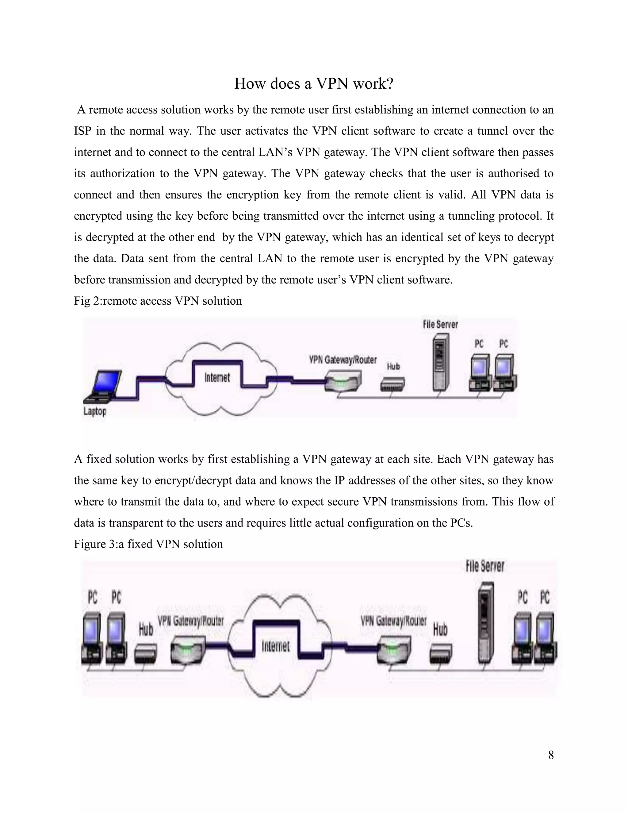 8
How does a VPN work?
A remote access solution works by the remote user first establishing an internet connection to an
ISP in the normal way. The user activates the VPN client software to create a tunnel over the
internet and to connect to the central LAN’s VPN gateway. The VPN client software then passes
its authorization to the VPN gateway. The VPN gateway checks that the user is authorised to
connect and then ensures the encryption key from the remote client is valid. All VPN data is
encrypted using the key before being transmitted over the internet using a tunneling protocol. It
is decrypted at the other end by the VPN gateway, which has an identical set of keys to decrypt
the data. Data sent from the central LAN to the remote user is encrypted by the VPN gateway
before transmission and decrypted by the remote user’s VPN client software.
Fig 2:remote access VPN solution
A fixed solution works by first establishing a VPN gateway at each site. Each VPN gateway has
the same key to encrypt/decrypt data and knows the IP addresses of the other sites, so they know
where to transmit the data to, and where to expect secure VPN transmissions from. This flow of
data is transparent to the users and requires little actual configuration on the PCs.
Figure 3:a fixed VPN solution
 