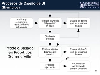 47
Procesos de Diseño de UI
(Ejemplos)
Analizar y
comprender
las actividades
del usuario
Realizar el Diseño
del prototipo
en papel
Evaluar el diseño
con los usuarios
finales
Realizar diseño
dinámico del
prototipo
Evaluar el diseño
con los usuarios
finales
Implementar
la interfaz de
usuario definitiva
Diseño del
prototipo
Prototipo
ejecutable
Modelo Basado
en Prototipos
(Sommerville)
 