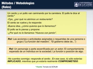 Métodos / Metodologías
(Roles)
Un cerdo y un pollo van caminando por la carretera. El pollo le dice al
cerdo:*
-Oye, ¿por qué no abrimos un restaurante?
El cerdo se vuelve y le responde:
-Buena idea, ¿cómo quieres que lo llamemos?
El pollo se lo piensa y propone:
-¿Por qué no lo llamamos “Huevos con jamón”.
Rol: Las acciones o actividades asignadas o requeridas de una persona o
grupo (“La función del maestro”, “El gobierno debe de...”)
Rol: Un personaje o parte escenificada por un actor; El comportamiento
esperado de un individuo en la sociedad. La función o posición de algo.
* Fuente: Tomado de SCRUM
-No cuentes conmigo -responde el cerdo-. En ese caso, tú sólo estarías
IMPLICADO, mientras que yo estaría realmente COMPROMETIDO.
 