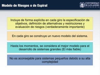 Modelo de Riesgos o de Espiral
En cada giro se construye un nuevo modelo del sistema.
Incluye de forma explícita en cada giro la especificación de
objetivos, definición de alternativas y restricciones y
evaluación de riesgos (verdaderamente importante)
Hasta los momentos, se considera el mejor modelo para el
desarrollo de sistemas grandes (El más fiable)
No es aconsejable para sistemas pequeños debido a su alta
complejidad
 