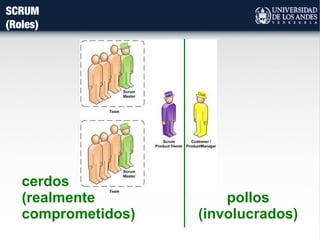 SCRUM
(Roles)
cerdos
(realmente
comprometidos)
pollos
(involucrados)
 