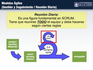 Modelos Ágiles
(Gestión y Seguimiento / Reunión Diaria)
Reunión Diaria:
Es una figura fundamental en SCRUM.
Tiene que reunirse TODO el equipo y debe hacerse
según ciertas reglas
 