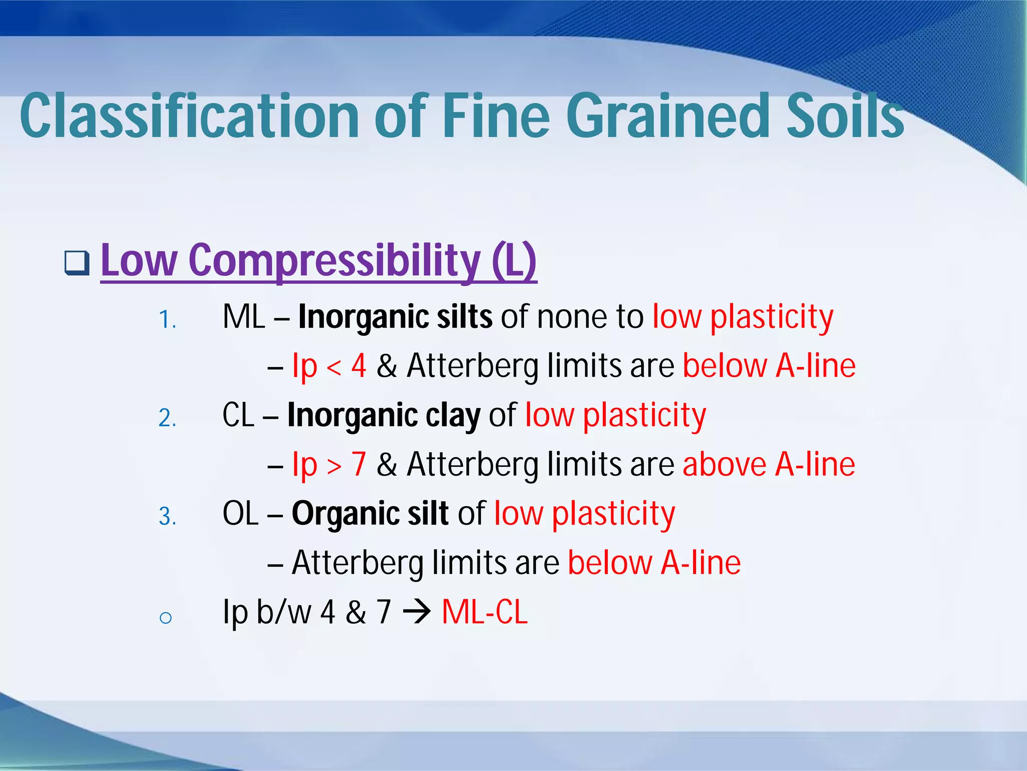 Classification of Fine Grained Soils
 Low Compressibility (L)
1. ML – Inorganic silts of none to low plasticity
– Ip < 4 & Atterberg limits are below A-line
2. CL – Inorganic clay of low plasticity
– Ip > 7 & Atterberg limits are above A-line
3. OL – Organic silt of low plasticity
– Atterberg limits are below A-line
o Ip b/w 4 & 7  ML-CL
 