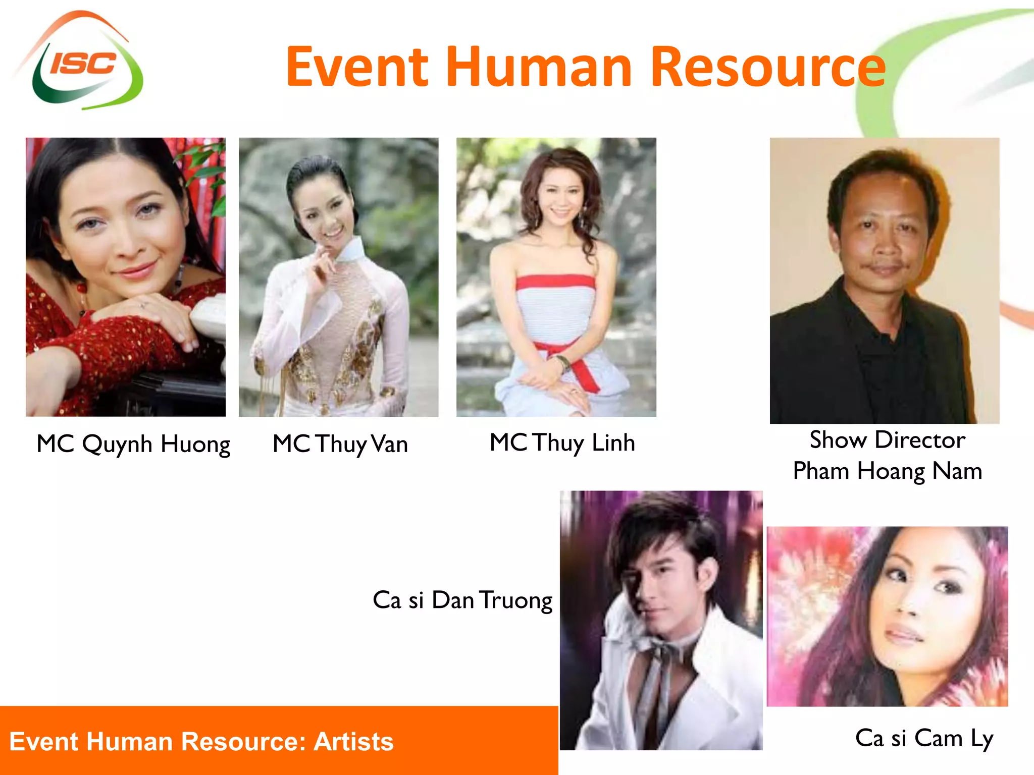 Event Human Resource




  MC Quynh Huong   MC Thuy Van       MC Thuy Linh    Show Director
                                                    Pham Hoang Nam




                           Ca si Dan Truong




Event Human Resource: Artists                           Ca si Cam Ly
 