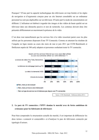 Pourquoi ? D’une part la capacité technologique des téléviseurs est trop limitée et les règles
de navigation et d’ergonomie conçues pour un site Internet consultable sur un ordinateur
personnel ne sont pas duplicables sur un téléviseur. D’autre part le mode de consommation est
différent. L’utilisateur est habitué à regarder des images et des vidéos de haute qualité sur un
téléviseur dans une démarche passive et non de recherche. Les contenus doivent donc être
présentés différemment en maximisant la présence de la vidéo.


C’est donc tout naturellement que les services liés à la vidéo ressortent parmi ceux les plus
utilisés par les personnes disposant d’une TV Connectée. Comme en attestent les résultats de
l’enquête en ligne menée au cours des mois de mai et juin 2011 par CCM Benchmark et
DotScreen auprès de 348 early adopters et personnes souhaitant tester la TV connectée.




                                                          Source : CCM Benchmark – DotScreen (édition 2011)




2. Le parc de TV connectées : l’IPTV domine le marché avec de fortes ambitions de
   croissance pour les fabricants de téléviseurs


Pour bien comprendre la structuration actuelle du marché, il est important de différencier les
deux termes « connecté et connectable » et d’analyser le parc de téléviseurs connectés par
typologie d’acteurs.



                                                                                                              12
                         Thèse professionnelle – MBA ISC Paris – Sept. 2012
 