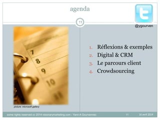 11
agenda
1. Réflexions & exemples
2. Digital & CRM
3. Le parcours client
4. Crowdsourcing
@ygourven
picture: microsoft gallery
16 avril 2014
11
some rights reserved cc 2014 visionarymarketing.com - Yann A Gourvennec
 