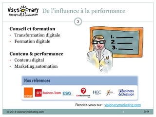 3
De l’influence à la performance
2014cc 2014 visionarymarketing.com
3
Conseil et formation
• Transformation digitale
• Formation digitale
Contenu & performance
• Contenu digital
• Marketing automation
Rendez-vous sur : visionarymarketing.com
 