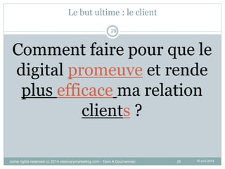 29
Le but ultime : le client
16 avril 2014
29
Comment faire pour que le
digital promeuve et rende
plus efficace ma relation
clients ?
some rights reserved cc 2014 visionarymarketing.com - Yann A Gourvennec
 