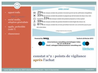 40
constat n°2 : points de vigilance
après l’achat
• apport trafic
• SEM = 1 moyen !
• social media,
adoption généralisée
• applis, perfectible
(coût ?)
• réassurance
16 avril 2014
iVentures
some rights reserved cc 2014 visionarymarketing.com - Yann A Gourvennec
 