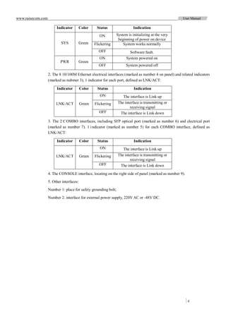 www.raisecom.com                                                                                      User Manual

                        Indicator         Color    Status                 Indication

                                                     ON        System is initializing at the very
                                                                beginning of power on device
                           SYS            Green   Flickering       System works normally
                                                    OFF                Software fault.
                                                     ON              System powered on
                           PWR            Green
                                                    OFF              System powered off

                   2. The 8 10/100M Ethernet electrical interfaces (marked as number 4 on panel) and related indicators
                   (marked as nubmer 3), 1 indicator for each port, defined as LNK/ACT:

                        Indicator         Color     Status                Indication
                                                     ON            The interface is Link up
                        LNK/ACT           Green   Flickering    The interface is transmitting or
                                                                       receiving signal
                                                     OFF         The interface is Link down

                   3. The 2 C OMBO interfaces, including SFP optical port (marked as number 6) and electrical port
                   (marked as number 7). 1 i ndicator (marked as number 5) for each COMBO interface, defined as
                   LNK/ACT:

                        Indicator         Color     Status                Indication
                                                     ON            The interface is Link up
                        LNK/ACT           Green   Flickering    The interface is transmitting or
                                                                       receiving signal
                                                     OFF         The interface is Link down

                   4. The CONSOLE interface, locating on the right side of panel (marked as number 9).

                   5. Other interfaces:
                   Number 1: place for safety grounding bolt;

                   Number 2: interface for external power supply, 220V AC or -48V DC.




                                                                                                         4
 