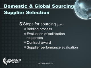 Domestic & Global Sourcing/Supplier Selection Steps for sourcing  (cont.)   Bidding process Evaluation of solicitation responses Contract award Supplier performance evaluation 