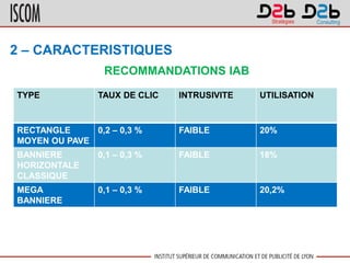 2 – CARACTERISTIQUES
RECOMMANDATIONS IAB
TYPE TAUX DE CLIC INTRUSIVITE UTILISATION
RECTANGLE
MOYEN OU PAVE
0,2 – 0,3 % FAIBLE 20%
BANNIERE
HORIZONTALE
CLASSIQUE
0,1 – 0,3 % FAIBLE 18%
MEGA
BANNIERE
0,1 – 0,3 % FAIBLE 20,2%
 