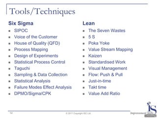 Tools/Techniques
Six Sigma                                      Lean
    SIPOC                                          The Seven Wastes
    Voice of the Customer                          5S
    House of Quality (QFD)                         Poka Yoke
    Process Mapping                                Value Stream Mapping
    Design of Experiments                          Kaizen
    Statistical Process Control                    Standardised Work
    Taguchi                                        Visual Management
    Sampling & Data Collection                     Flow: Push & Pull
    Statistical Analysis                           Just-in-time
    Failure Modes Effect Analysis                  Takt time
    DPMO/Sigma/CPK                                 Value Add Ratio



14                             © 2011 Copyright ISC Ltd.
 