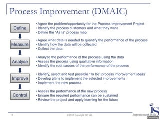 Process Improvement (DMAIC)
              • Agree the problem/opportunity for the Process Improvement Project
     Define   • Identify the process customers and what they want
              • Define the “As Is” process map

              • Agree what data is needed to quantify the performance of the process
Measure       • Identify how the data will be collected
              • Collect the data

              • Analyse the performance of the process using the data
 Analyse      • Assess the process using qualitative information
              • Identify the root causes of the performance of the process

              • Identify, select and test possible “To Be” process improvement ideas
 Improve      • Develop plans to implement the selected improvements
              • Implement the new process

              • Assess the performance of the new process
 Control      • Ensure the required performance can be sustained
              • Review the project and apply learning for the future



16                                © 2011 Copyright ISC Ltd.
 