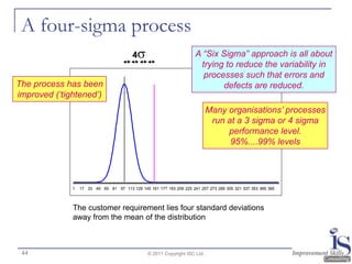 A four-sigma process
                                          4                           A “Six Sigma” approach is all about
                                                                       trying to reduce the variability in
                                                                        processes such that errors and
The process has been                                                         defects are reduced.
improved („tightened‟)
                                                                             Many organisations‟ processes
                                                                              run at a 3 sigma or 4 sigma
                                                                                  performance level.
                                                                                   95%....99% levels




              1   17 33 49 65 81 97 113 129 145 161 177 193 209 225 241 257 273 289 305 321 337 353 369 385



              The customer requirement lies four standard deviations
              away from the mean of the distribution



 44                                              © 2011 Copyright ISC Ltd.
 