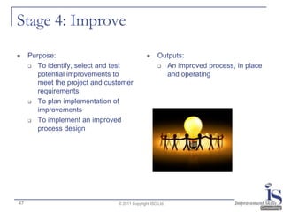 Stage 4: Improve
    Purpose:                                       Outputs:
      To identify, select and test                   An improved process, in place

        potential improvements to                      and operating
        meet the project and customer
        requirements
      To plan implementation of
        improvements
      To implement an improved
        process design




47                              © 2011 Copyright ISC Ltd.
 