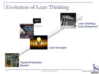 Evolution of Lean Thinking

                1991
                                                    Lean Thinking
                                                   “Lean Enterprise”




                                  Lean Concepts




     Toyota Production
     System

8                      © 2011 Copyright ISC Ltd.
 