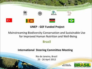 UNEP - GEF Funded Project
Mainstreaming Biodiversity Conservation and Sustainable Use
        for Improved Human Nutrition and Well-Being
                            Brazil

       International Steering Committee Meeting

                     Rio de Janeiro, Brazil
                       25 - 26 April 2012
 