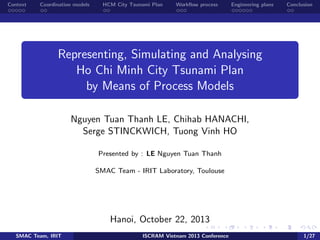 Context

Coordination models

HCM City Tsunami Plan

Workﬂow process

Engineering plans

Conclusion

Representing, Simulating and Analysing
Ho Chi Minh City Tsunami Plan
by Means of Process Models
Nguyen Tuan Thanh LE, Chihab HANACHI,
Serge STINCKWICH, Tuong Vinh HO
Presented by : LE Nguyen Tuan Thanh
SMAC Team - IRIT Laboratory, Toulouse

Hanoi, October 22, 2013
SMAC Team, IRIT

ISCRAM Vietnam 2013 Conference

1/27

 